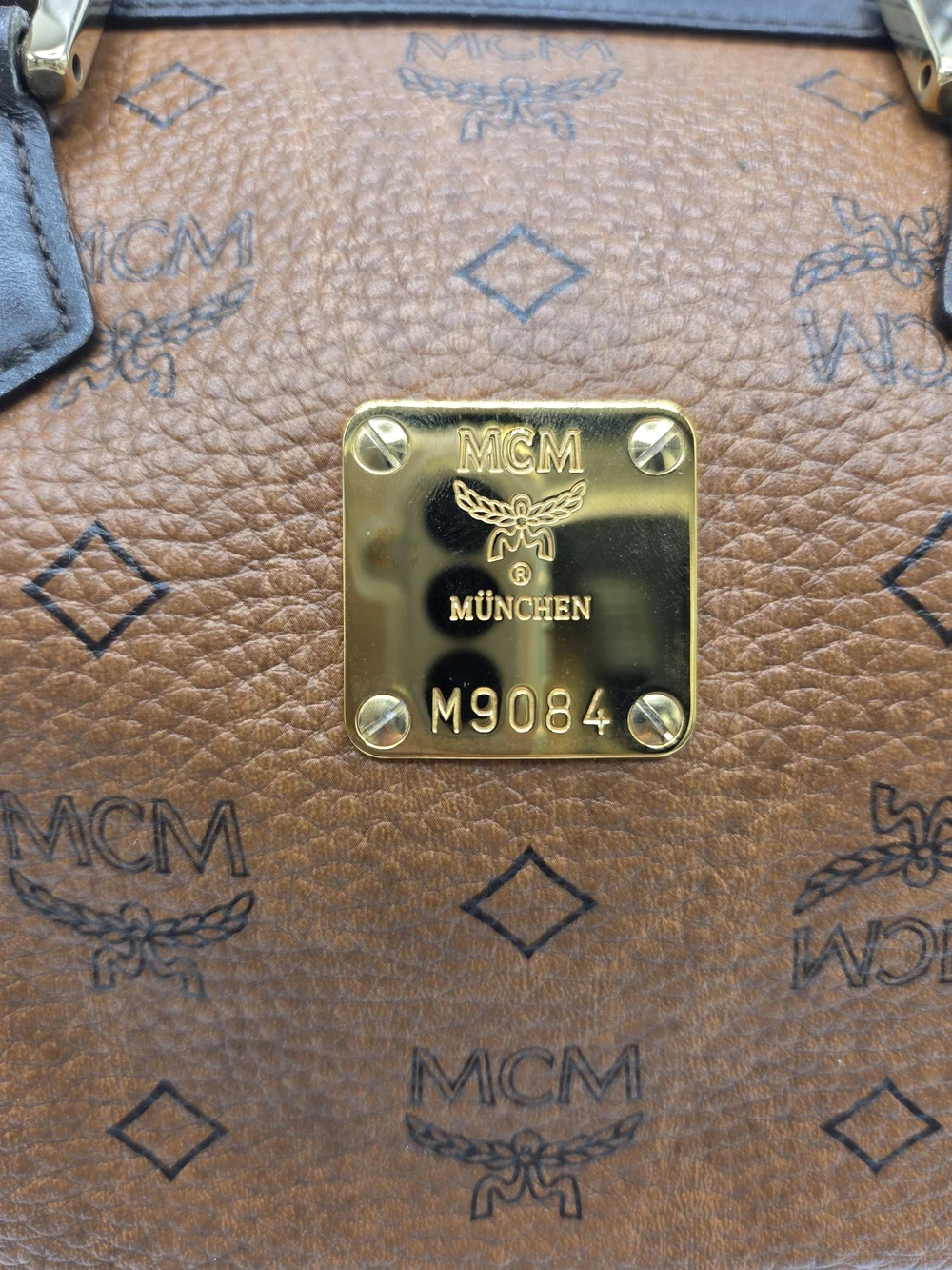 Authentic MCM Cognac Visetos Boston Bag Satchel with Black Handles